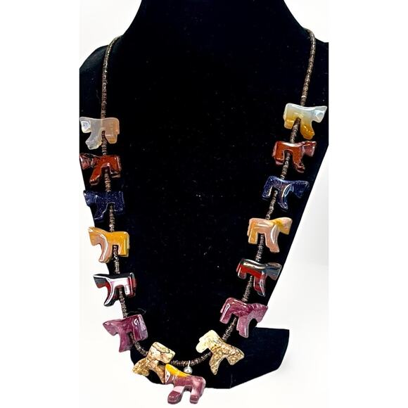 Zuni Sterling Silver Fetish Necklace Multicolor Jasper Rhodonite Carve Stone 28" - Picture 2 of 15